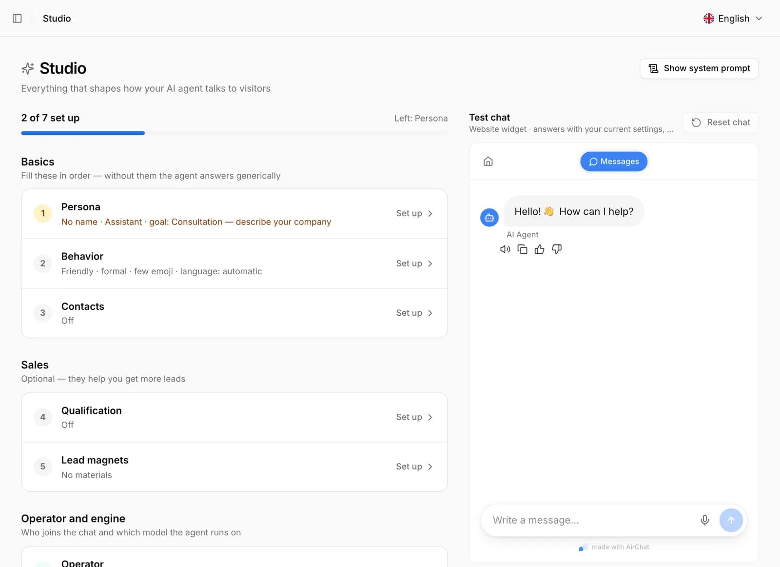 AirChat dashboard screenshot: Test the answers